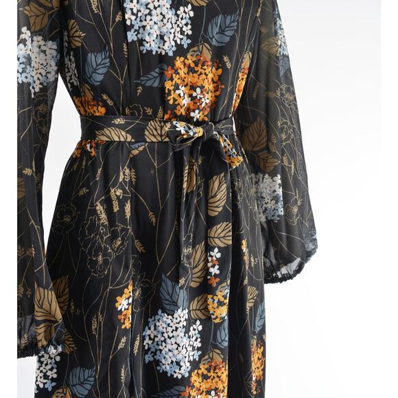 Vintage 70s Black Floral Leaf Print Sheer Sleeve Midi Dress with Tie Belt M - Picture 4 of 7